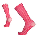 Pair of pink knee-high socks with white stripes on a white background