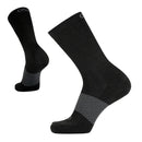 Pair of black socks with gray striped accents on a white background