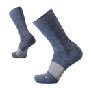 Pair of blue socks with striped cuffs on a white background