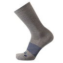 Gray sock with a blue striped pattern on a white background