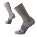 Pair of gray socks with blue striped toes on a white background