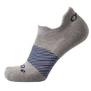 Gray ankle sock with blue striped pattern on a white background