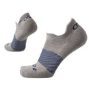 Pair of gray ankle socks with blue stripes on a white background