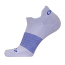 lilac ankle sock with blue pattern and logo on a white background