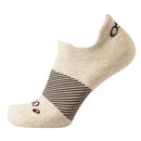 Beige ankle sock with black striped pattern on a white background