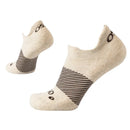 Two pairs of beige socks with black striped patterns on a white background