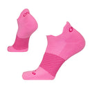 Pair of pink socks with a brand logo on a white background