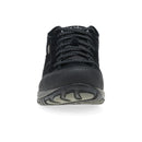 Black athletic shoe with a white background