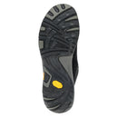 Close-up of a black and gray shoe sole with a yellow logo on a white background
