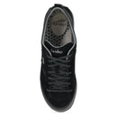Black sneaker with gray laces and interior on a white background