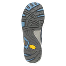Close-up of a shoe sole with gray, blue, and yellow accents on a white background