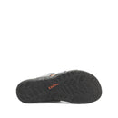 Black sandal with orange logo on a white background