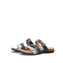 Pair of sandals with black and gray straps on a white background