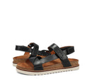 Pair of black and brown sandals on a white background