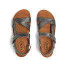 Pair of brown sandals with gray straps on a white background