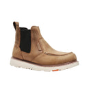 Brown leather boot with a white sole on a light gray background