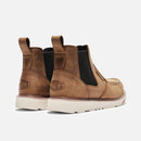 Pair of brown leather boots with a visible brand logo on a white background