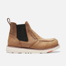 Brown leather boot with white sole on a light gray background
