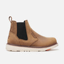 Brown Chelsea boot with a white sole on a light gray background