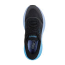 Black and blue running shoe on a white background