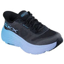 Black running shoe with blue sole on a white background