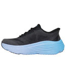 Black running shoe with a blue sole on a white background