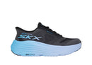 Black running shoe with blue sole on a white background