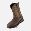 Brown leather boot with intricate stitching on a white background