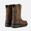 Pair of brown cowboy boots with intricate designs on a white background
