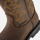 Brown boot with intricate gold embroidery on a white background