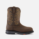 Brown work boot with brand logo on a white background