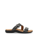 Black sandal with a wooden sole on a white background