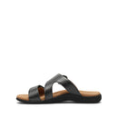 Black sandal with a brown sole on a white background