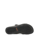 Black sandal with orange logo on a white background