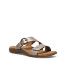 Beige sandal with a brown sole on a white background