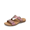 Pink and brown sandal with a buckle on a white background