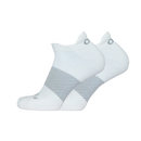 Two pairs of white ankle socks with gray stripes on a white background