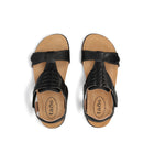 Black sandals with tan soles on a white background
