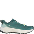 Teal hiking shoe with white sole on a white background