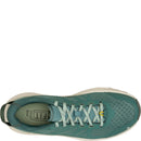 Teal running shoe with white sole on a white background