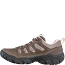 Brown hiking shoe with black sole on a white background