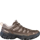 Brown hiking shoe with black sole on a white background