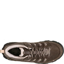 Brown hiking boot with white sole on a white background