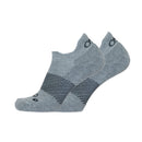 Two pairs of gray ankle socks with a brand logo on a white background