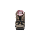 Brown hiking boot with pink lining on a white background