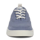 Blue sneaker with white laces on a white background