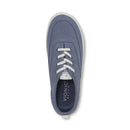 Blue sneaker with white laces on a white background