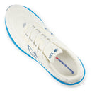 White running shoe with blue accents on a white background