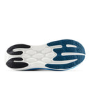 Close-up of a running shoe sole with a white and blue design on a white background