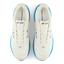 White running shoes with blue accents on a white background